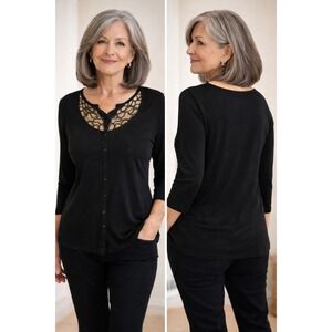 nwt Vintage Bob Mackie Wearable Art Shirts Women 1X Black/Gold 3/4 Sleeve Blouse